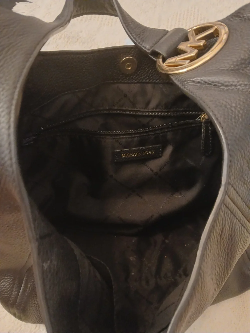 Michael Kors Black Pebbled Leather Hobo with Gold Logo Accent